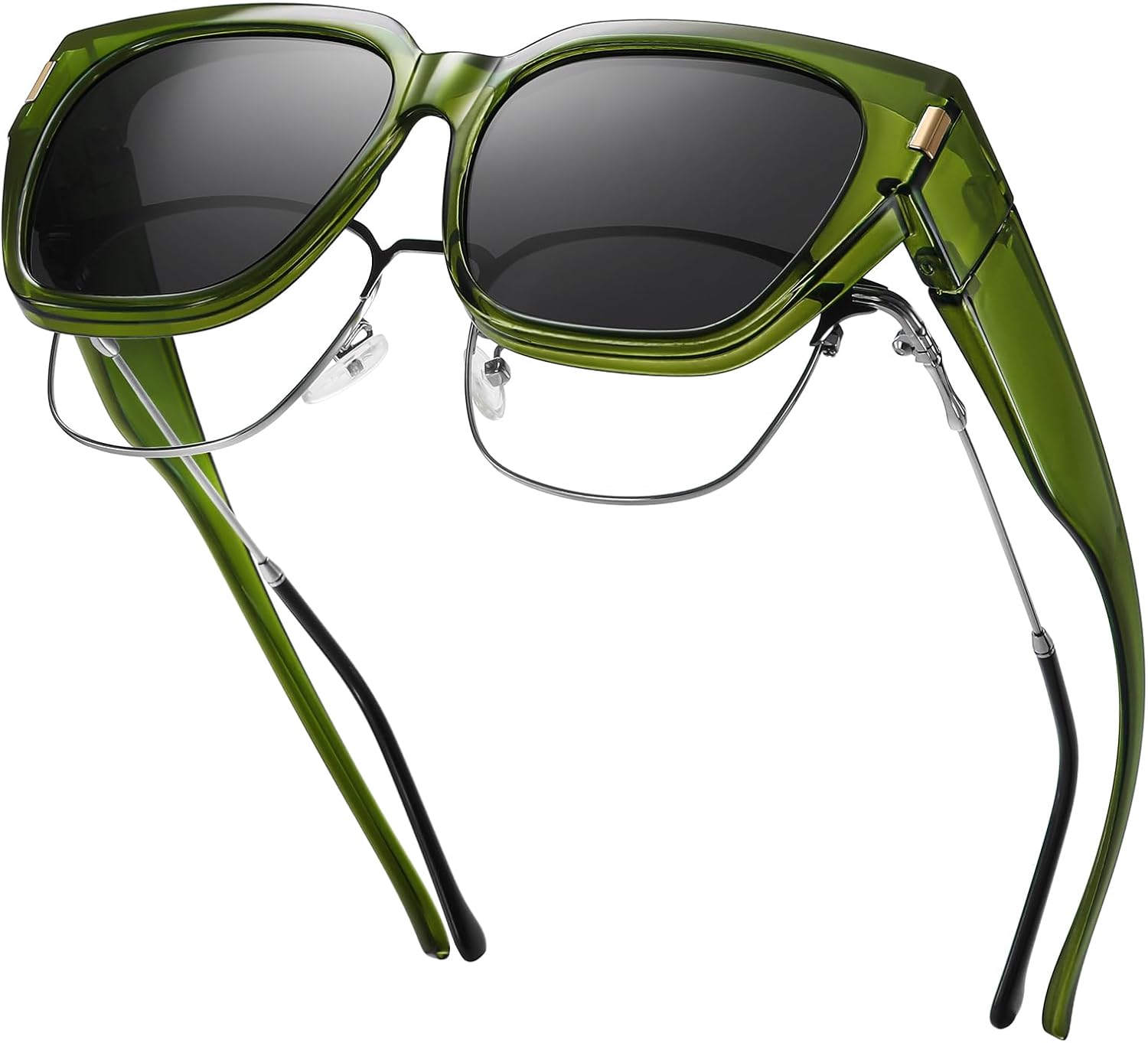 

Поляризованные солнцезащитные очки, надеваемые поверх обычных очков, для женщин и мужчин. Модные квадратные очки с обтекаемой формой и защитой от УФ-излучения Rmmeey, Green Frame Grey Lens