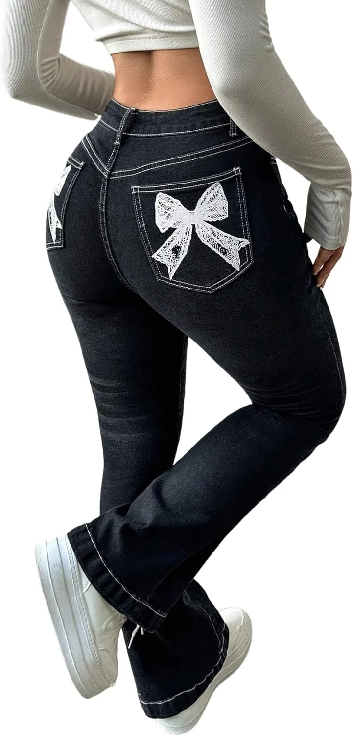 

LALAGEN женские джинсы клеш с бантом и принтом бабочки синие