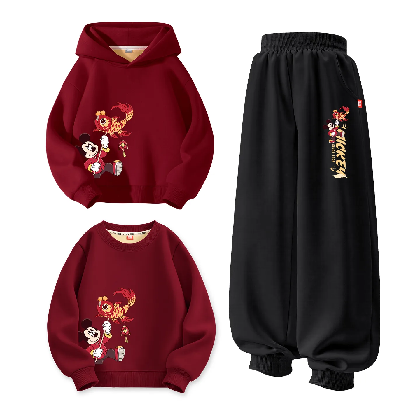 Disney Kids Tang Suits Crew Neck Thickness, [Thickened and Fleece-Lined]Di New Year Qi Right Upper Burgundy+Di New Year Qi Black+Di New Year Qi Right Upper Burgundy — фото 3