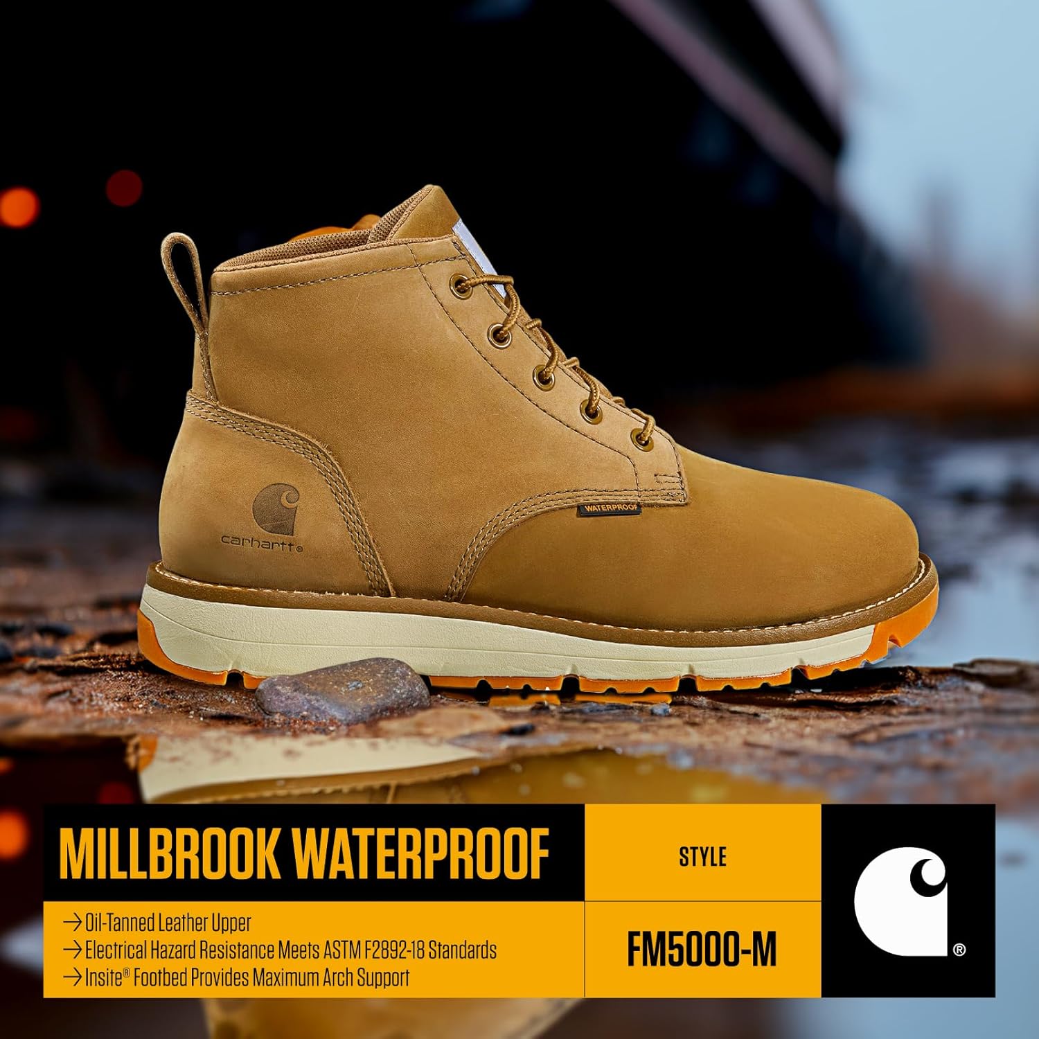 Carhartt Millbrook Waterproof Wedge Boot - рабочие ботинки для мужчин, устойчивые к скольжению и поражению электрическим током, с высотой голенища 5", дышащей мембраной и легкой промежуточной подошвой из EVA, Coyote Nubuck — фото 4