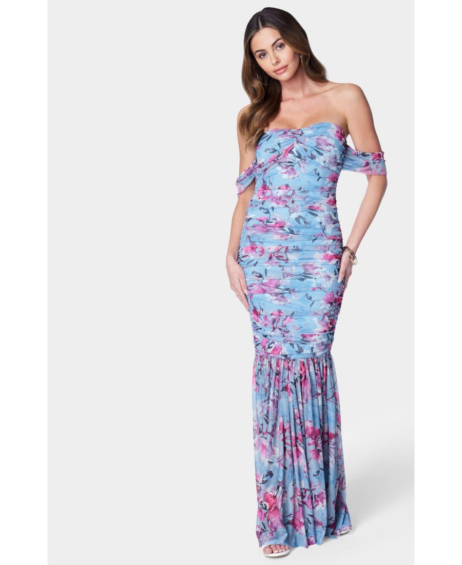 

Женское платье с открытыми плечами и присборенной сетчатой тканью Bebe, Blue multi