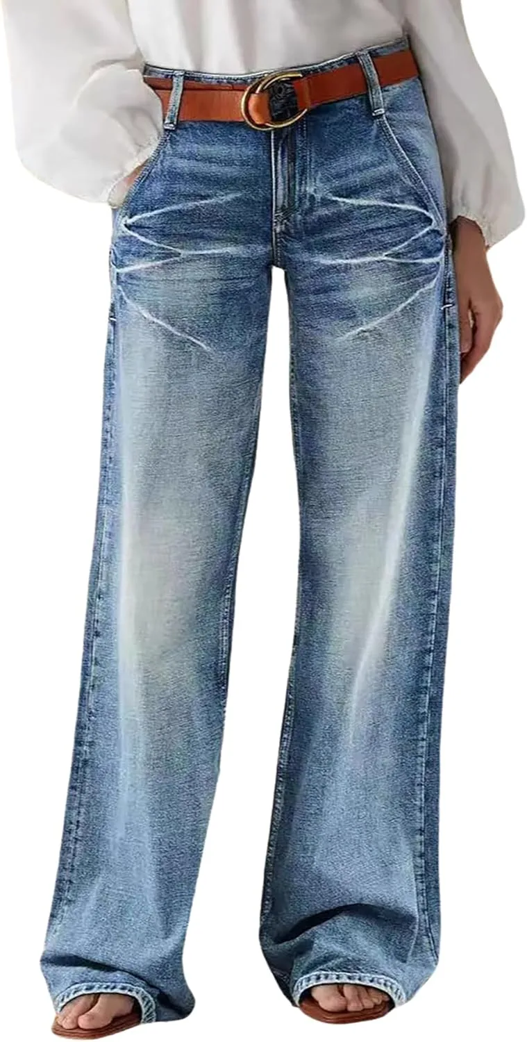 

Женские джинсы wide leg с завышенной талией, прямые, свободного кроя, потертые QLAUYIOE