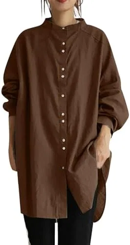Блуза с воротником-стойкой, однобортная, свободная, из хлопка и льна, длинный рукав, кофейный — фото 2