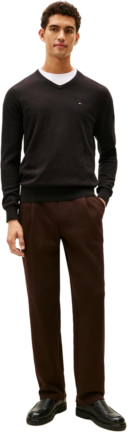 Мужской свитер Tommy Hilfiger Essential из хлопка с длинным рукавом и V-образным вырезом, Deep Knit Black — фото 3
