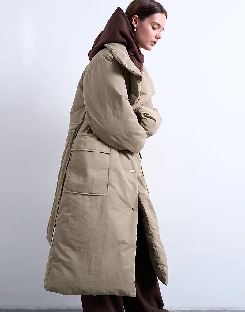 

Удлиненная куртка-пуховик Topshop с воротником-стойкой и поясом в цвете «песок»