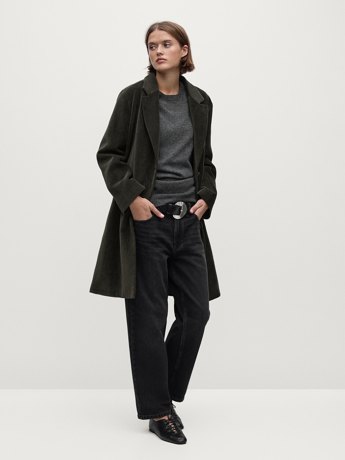

Длинное бархатное пальто из хлопковой смеси Massimo Dutti, зеленый