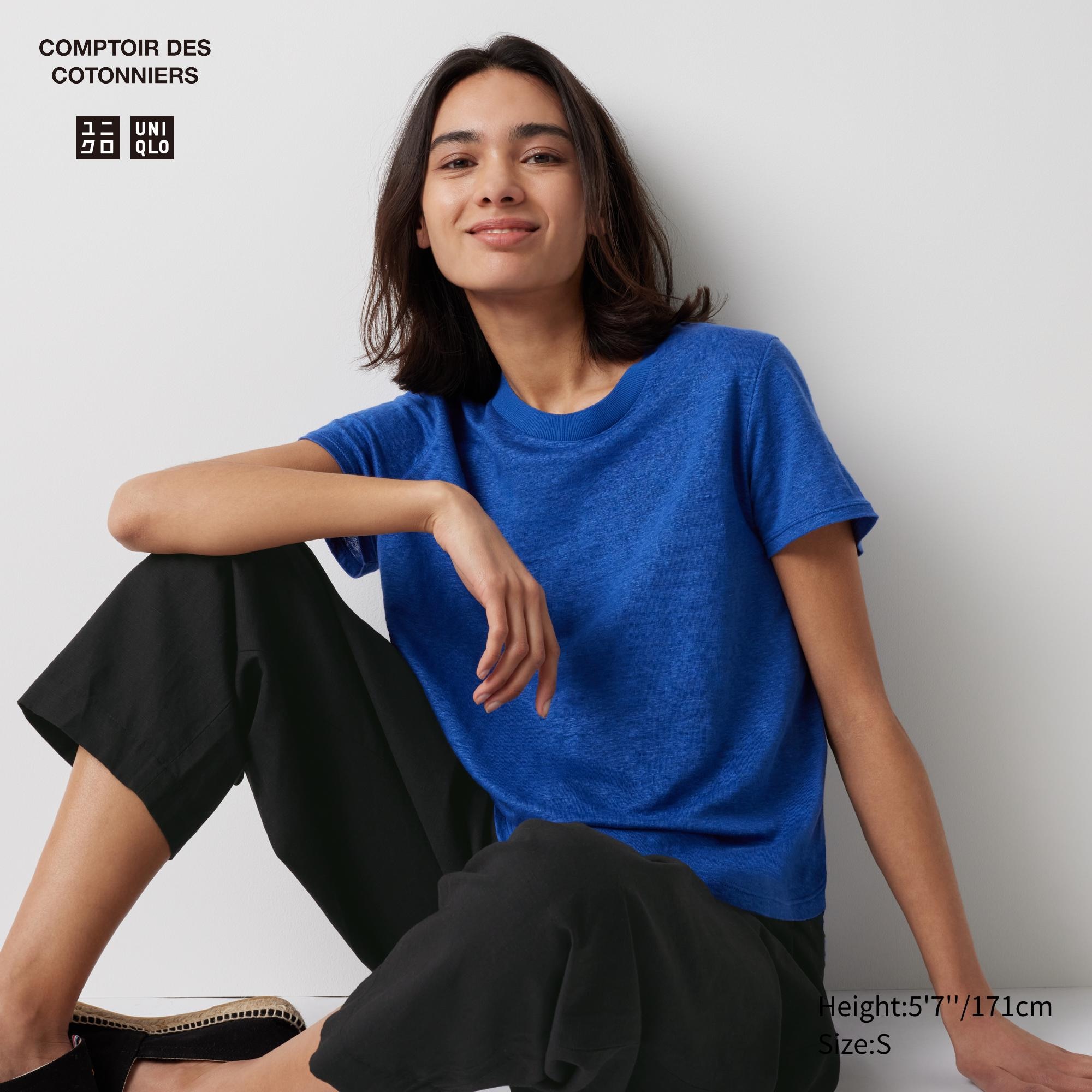 

Футболка с круглым вырезом из 100% льна UNIQLO, синий