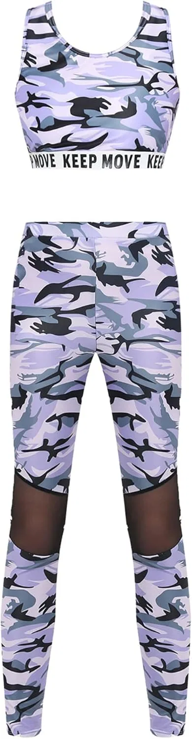 Детский спортивный костюм с принтом Sxiwei, топ и леггинсы, Camouflage Purple