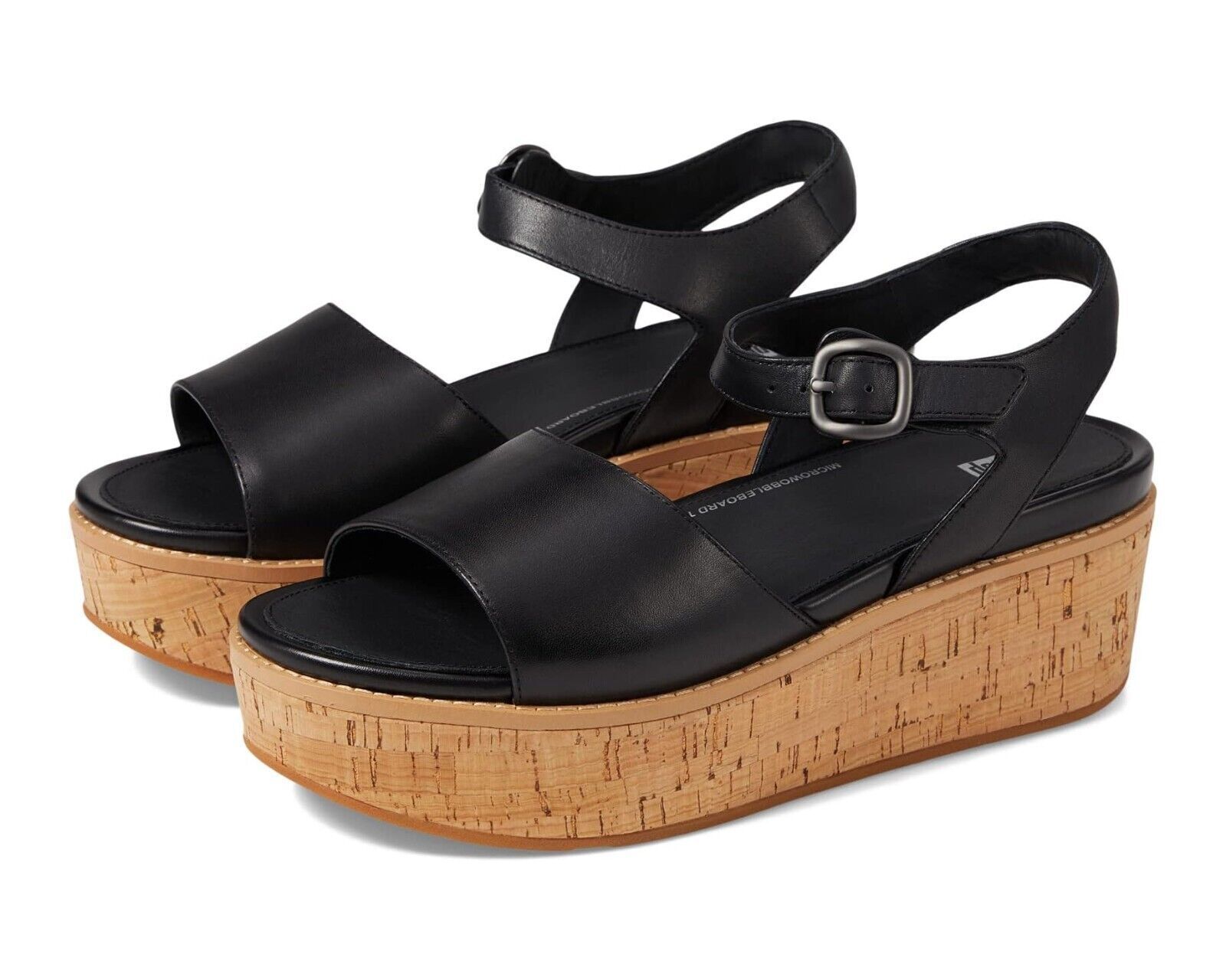 FitFlop Eloise FT6-001 женские сандалии-платформы черные кожаные с пробковой подошвой и задним ремешком