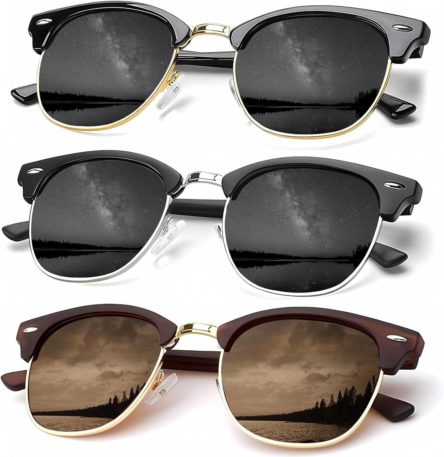 

Солнцезащитные очки KALIYADI для мужчин, поляризованные, унисекс, полуободковая оправа, ретро-стиль, для вождения, с защитой от УФ-излучения, D08-(3 Pack) Golden Black/Silver Black/Brown