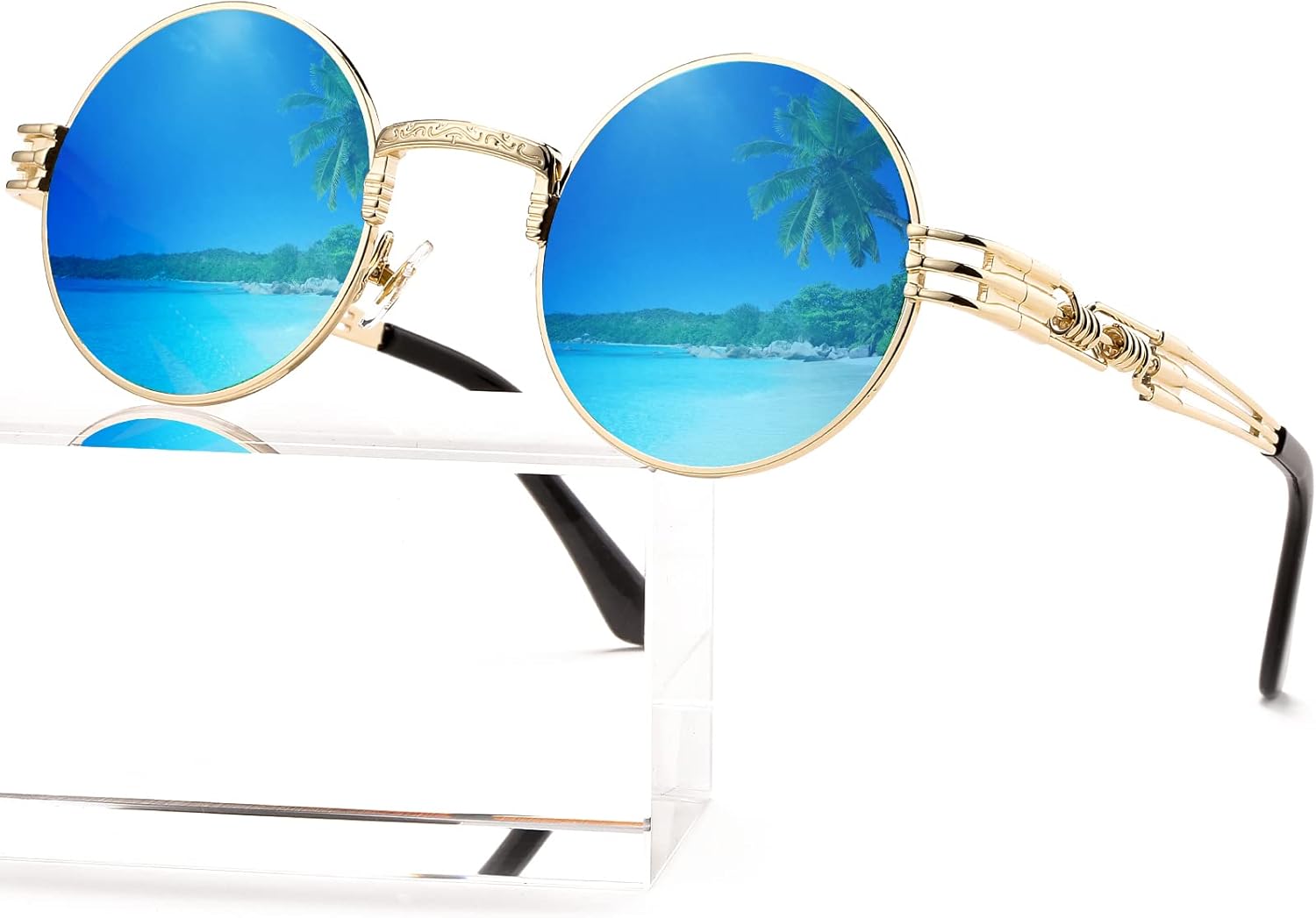 

Солнцезащитные очки AIEYEZO круглой формы в стиле стимпанк для мужчин и женщин, ретро-очки в стиле хиппи, металлическая оправа, линзы со 100% защитой от УФ-излучения, Gold/Ice Blue Mirror