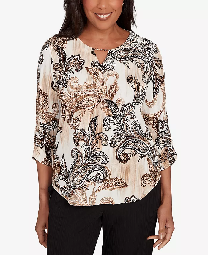 

Миниатюрный топ с текстурированным узором пейсли и присборенными рукавами Alfred Dunner, коричневый/бежевый