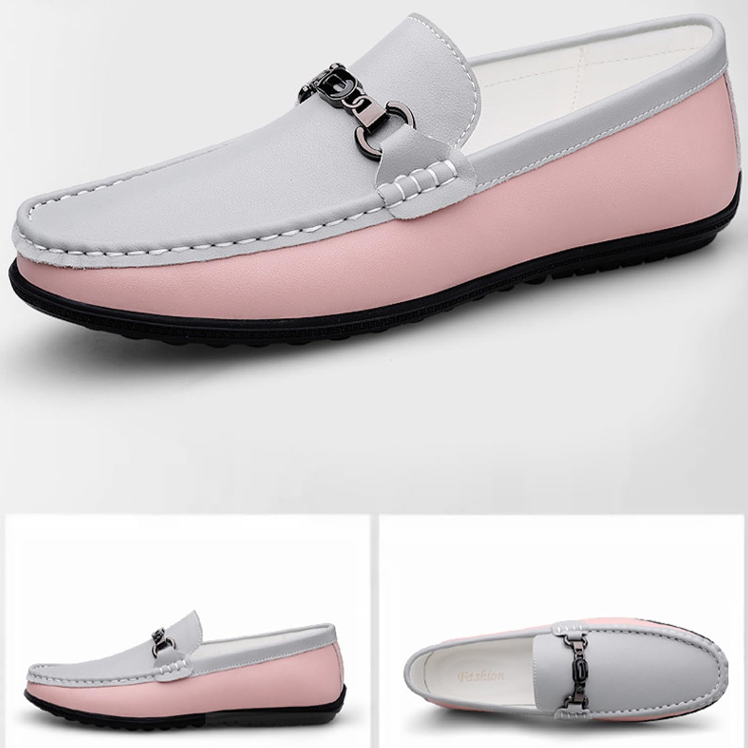 Мужские кожаные мокасины Dacnakby Two Tone Penny Loafers с элегантной пряжкой, повседневные слипоны, лодочные туфли, розовый/серый — фото 2