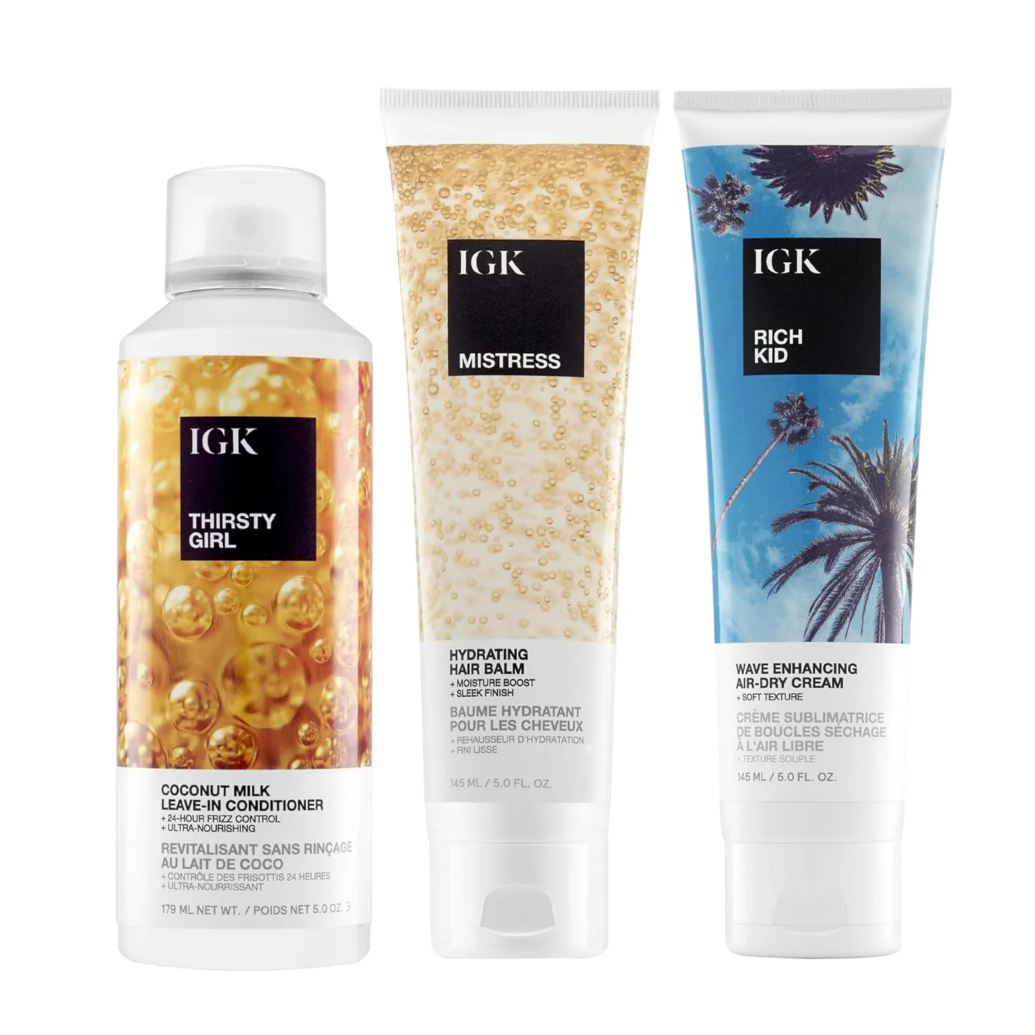 IGK Thirsty Girl Hydrating Hair Treatment + Mistress Hydrating Hair Balm + Rich Kid Hair Wave Enhancing Gel-Cream - набор для увлажнения и укладки волос, контроль мягкости и пушистости, веганский и cruelty-free