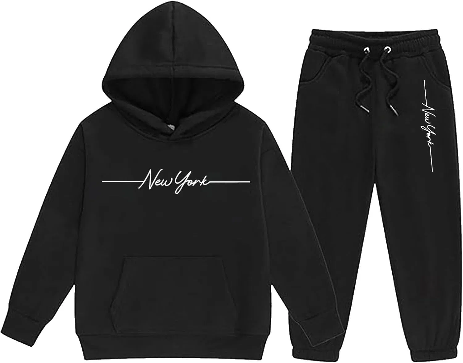 Generic Комплект New York Sweatsuits для девочек: флисовая толстовка с графическим принтом и спортивные штаны-джоггеры. Осенняя одежда, черный — фото 3