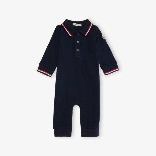 

Боди-комбинезон детский Moncler из стрейч-хлопкового пике с полосатой отделкой 1-18 месяцев, синий