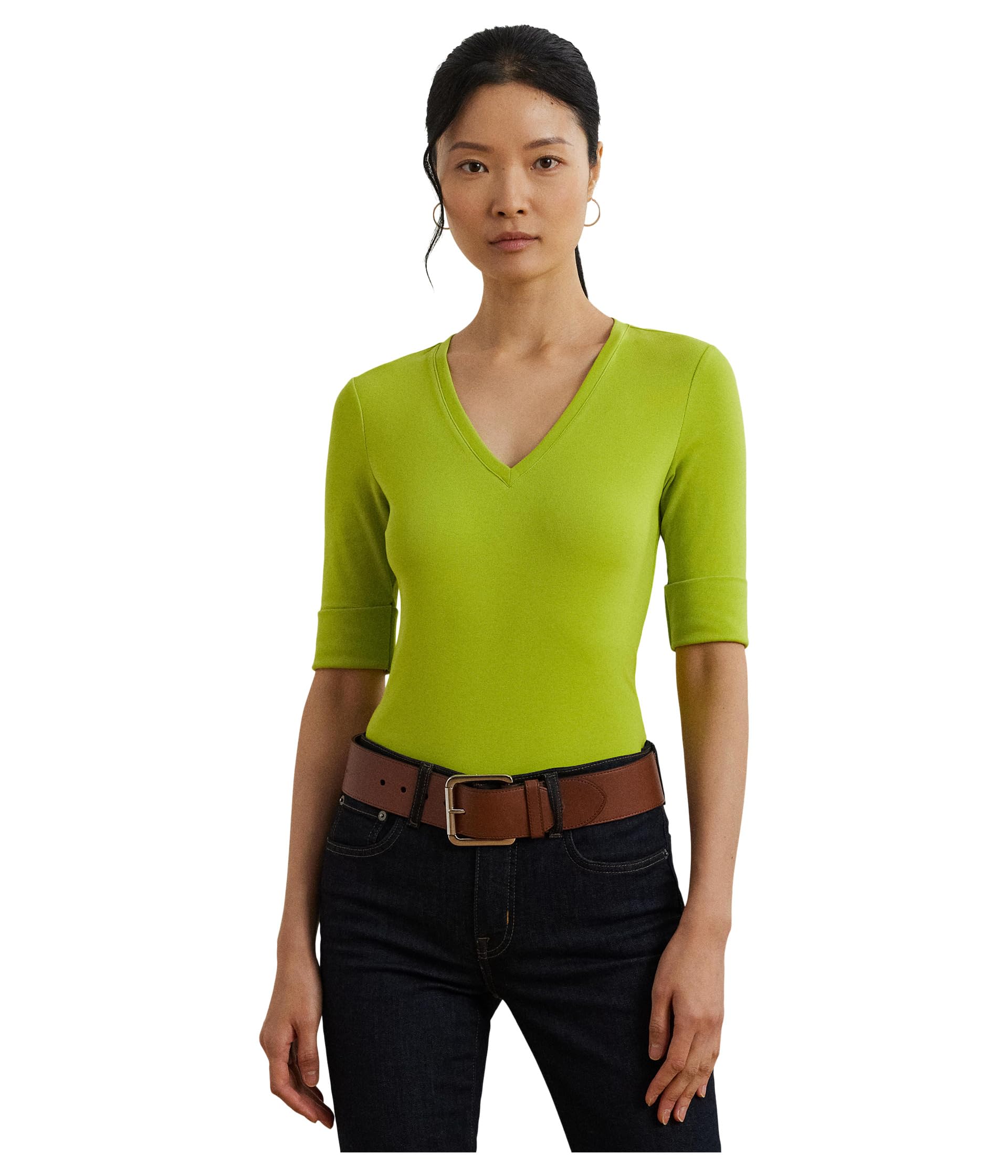 

Футболка Lauren Ralph Lauren Stretch Cotton Elbow-Sleeve V-Neck Tee, Lime Chartreuse