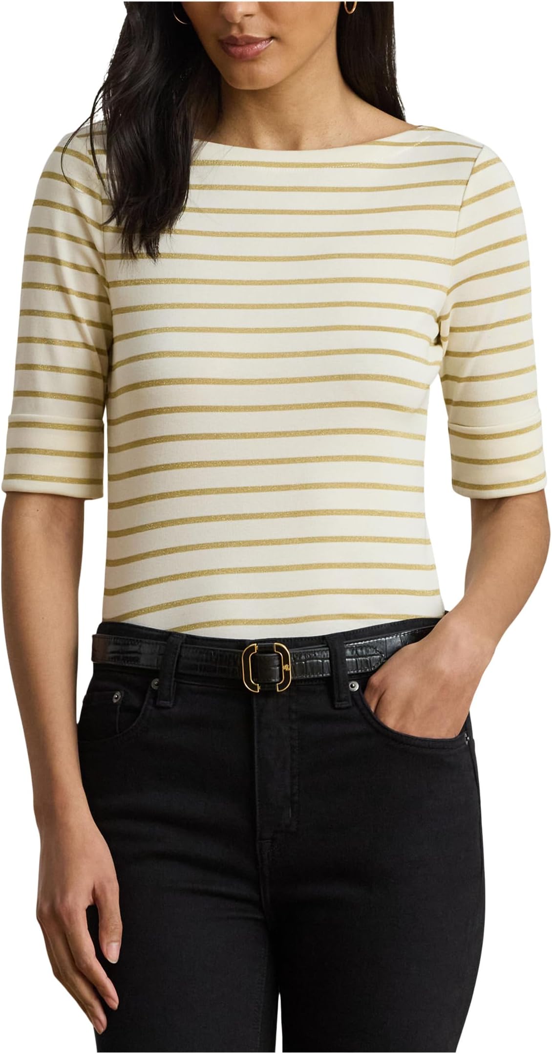 

Женская футболка Petite в металлическую полоску с вырезом-лодочкой Lauren Ralph Lauren, Mascarpone Cream/Gold Metallic