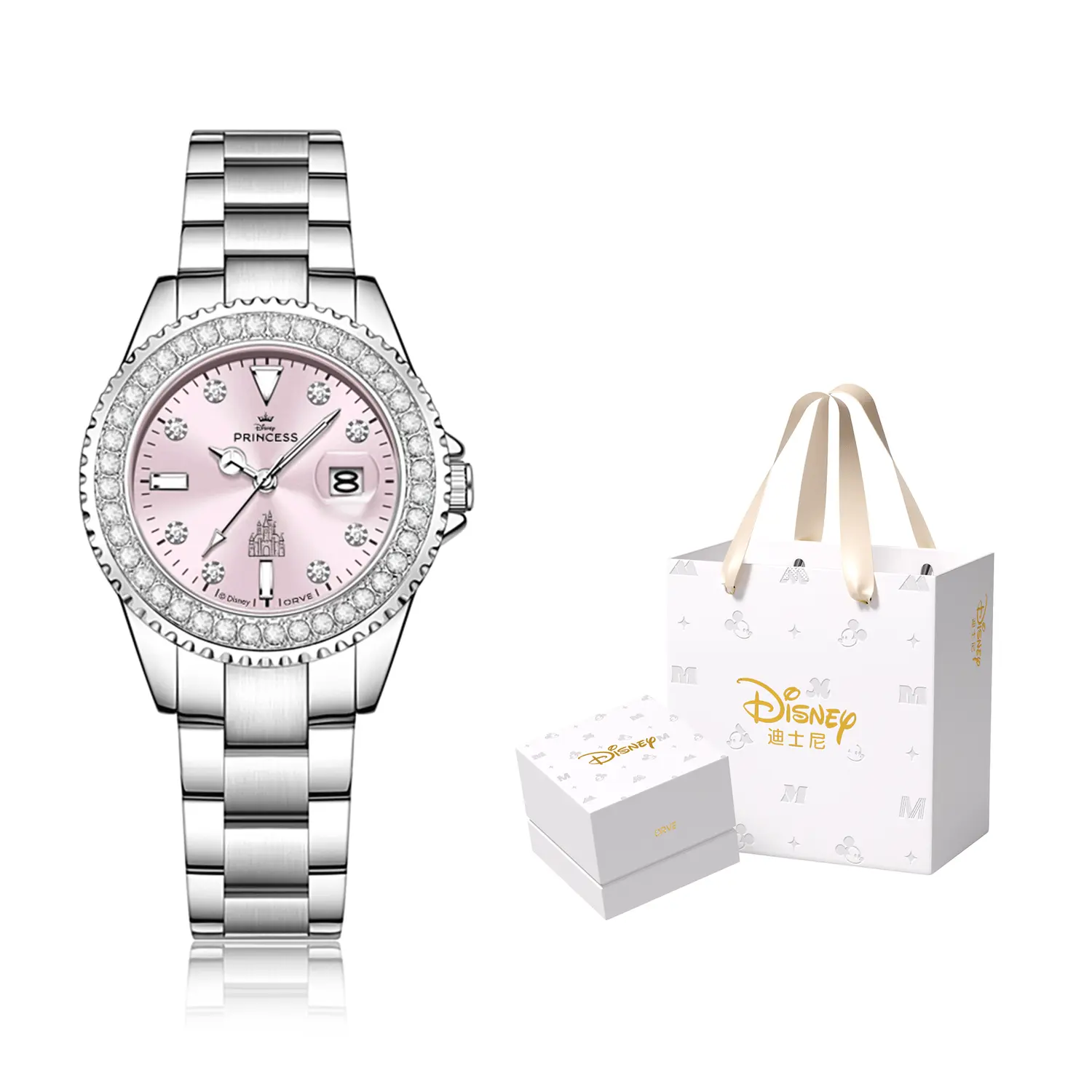 

Часы для женщин с механизмом Princess Quartz, ремешок из нержавеющей стали, розовый циферблат Disney, Cherry Blossom Pink[Regular Watch Box]