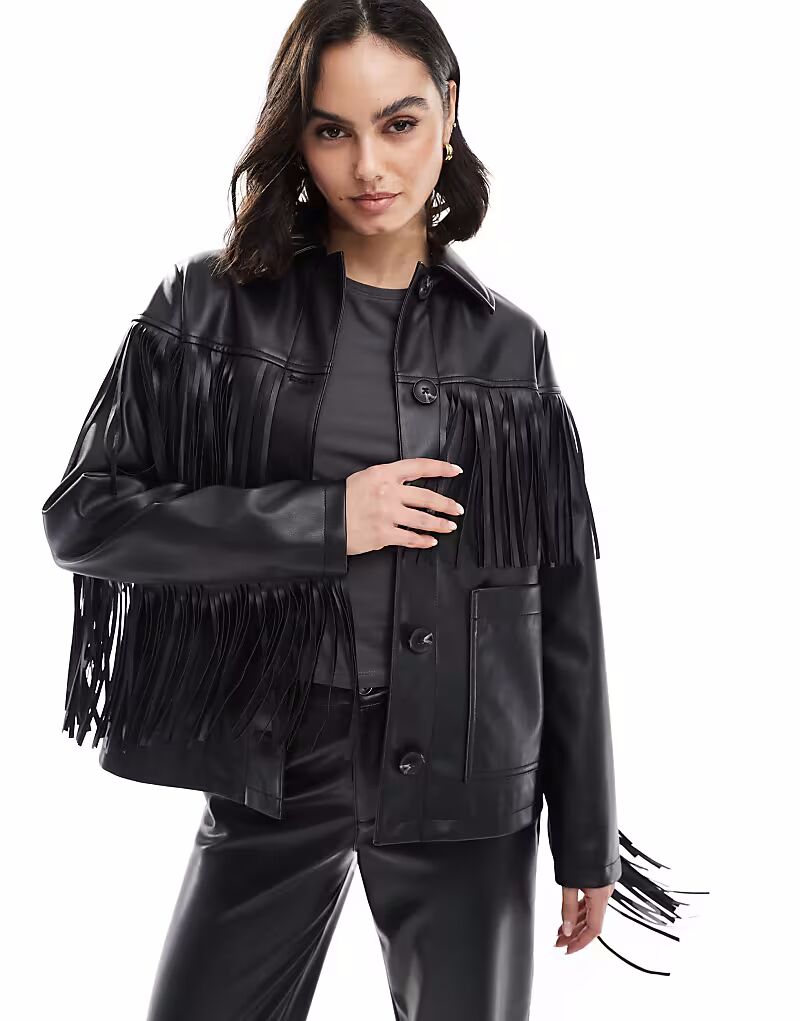 

Куртка New Look из искусственной кожи с бахромой черного цвета