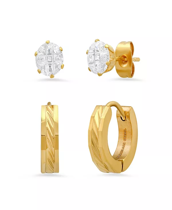 

Женский комплект из 2 предметов: серьги-гвоздики с имитацией бриллиантов и серьги-хагге с бриллиантовой огранкой Steeltime, gold