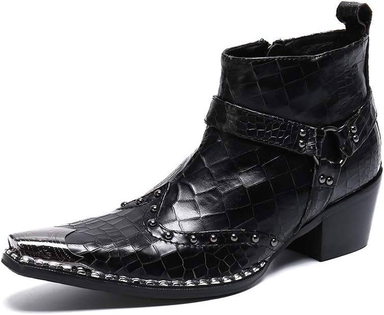 

Мужские высокие ботинки Rui Landed на щиколотку, стиль слип-он, премиальная натуральная кожа, с монк-ремешком, заклепками, крылатый носок, молния, металлический носок, высокий каблук (Цвет: черный, Размер: 6 M US)