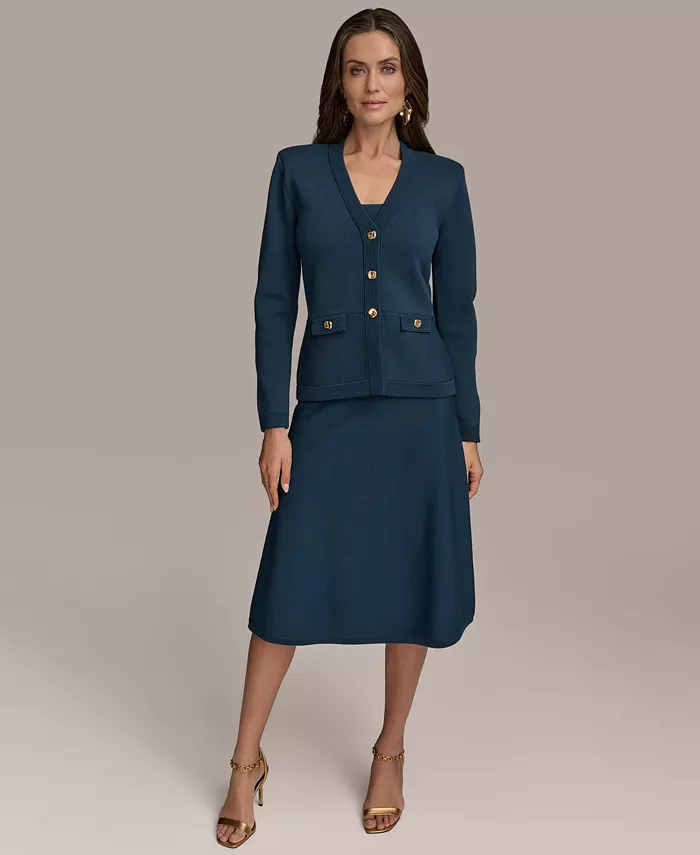 

Женский кардиган, свитер с короткими рукавами и юбка миди Donna Karan New York, синий