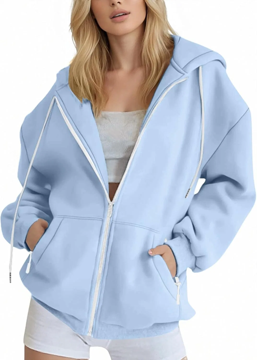 Женская флисовая куртка с капюшоном на молнии, оверсайз, 04-light Blue