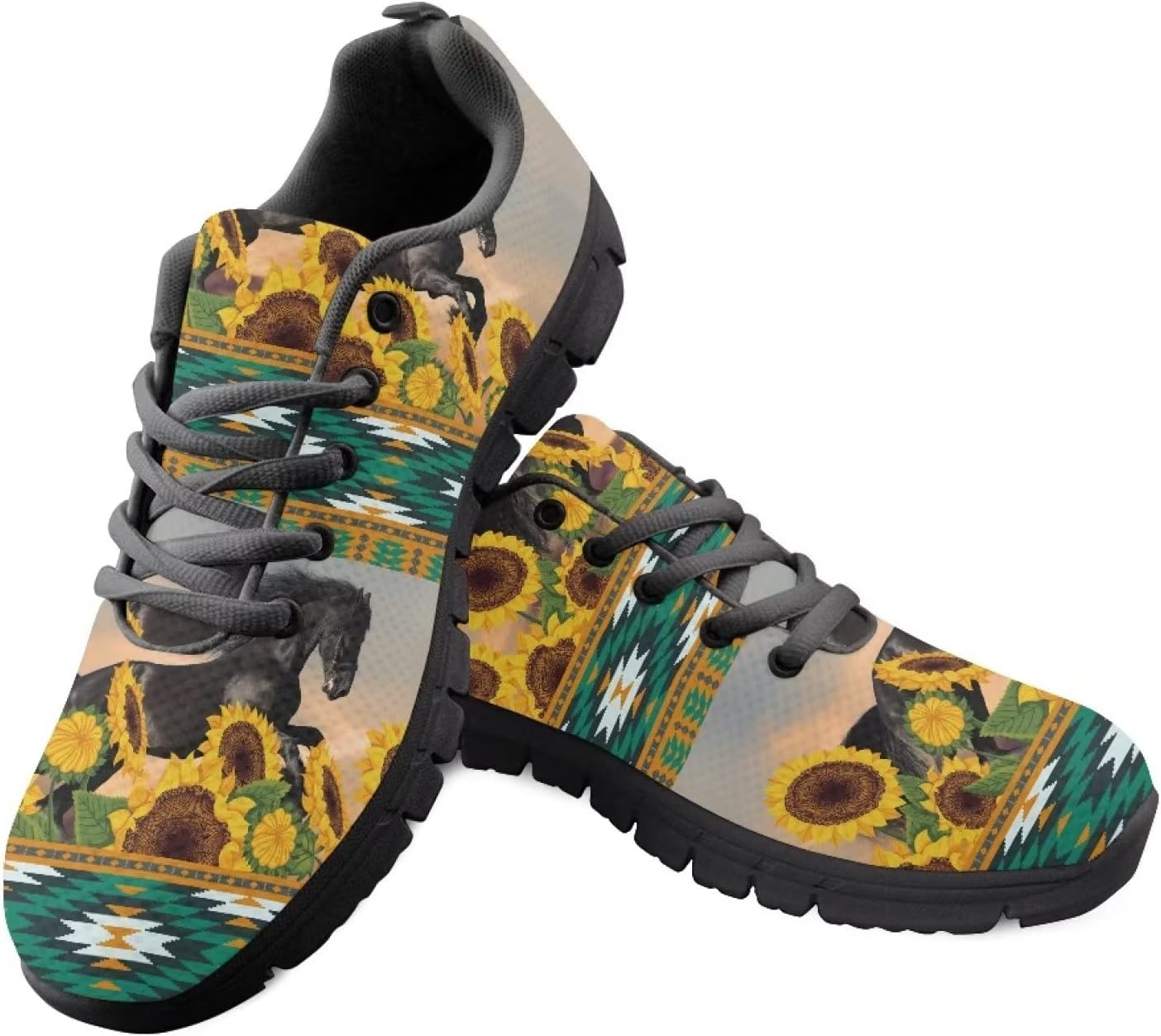

Женские/мужские теннисные кроссовки Yzaoxia для улицы, походов, тренировок в зале и прогулок, противоскользящие, удобные спортивные shoes, размеры 5-11, Aztec Horse Sunflower