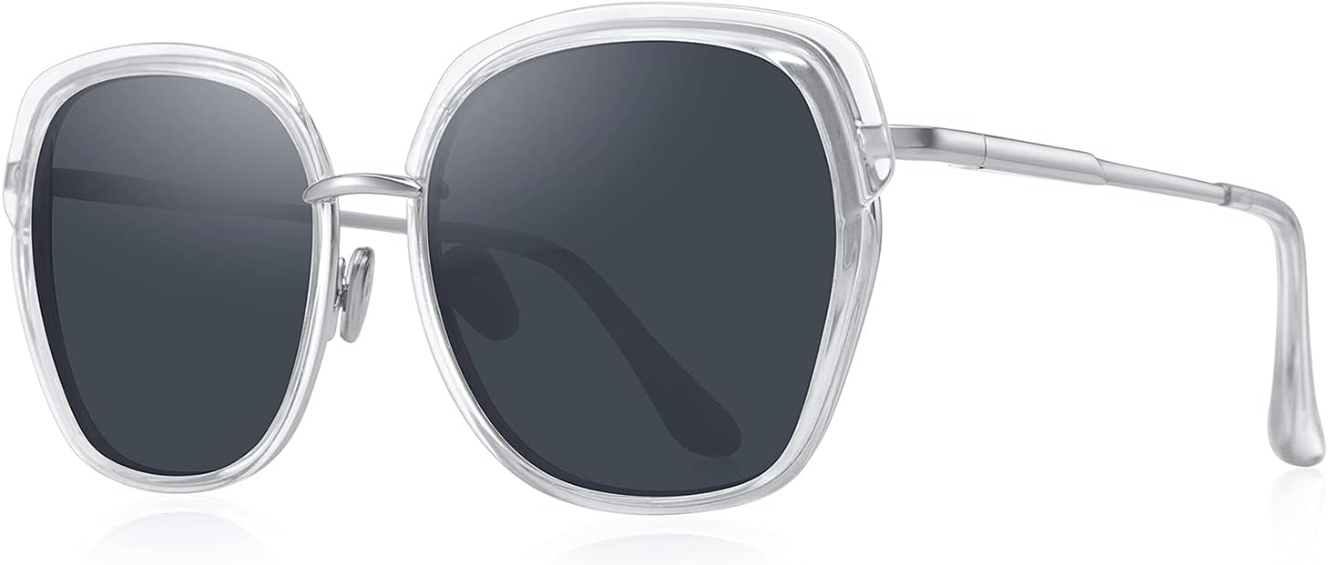 

Винтажные солнцезащитные очки большого размера в оправе «щит» для женщин, поляризованные, для отдыха, в подарочной коробке O6371 OLIEYE, Transparent Frame/Black Lens/Silver Temples