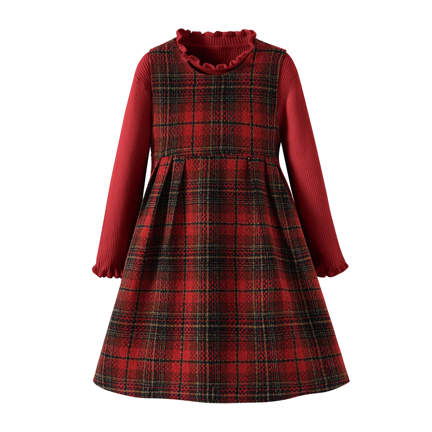 Детское платье с круглым вырезом горловины утепленное длинное Disney, [Thickened Thermal]Solid Color Red Plaid+Solid Color Burgundy
