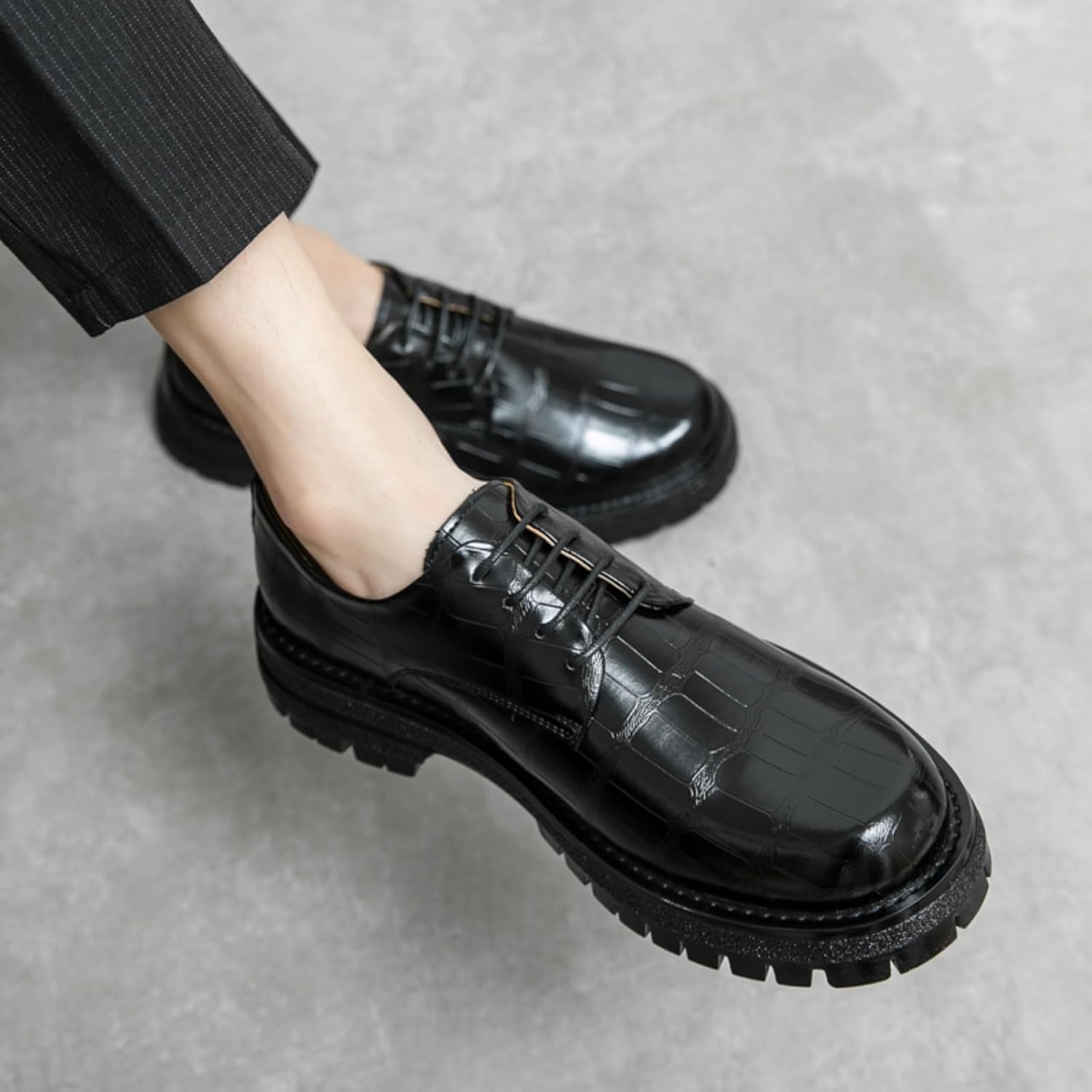 Мужские кожаные оксфорды с принтом на платформе - классические формальные туфли на шнуровке, с противоскользящей рифленой подошвой и массивным каблуком, идеально подходят для свадьбы, офиса и деловых встреч Aokisx, черный — фото 3