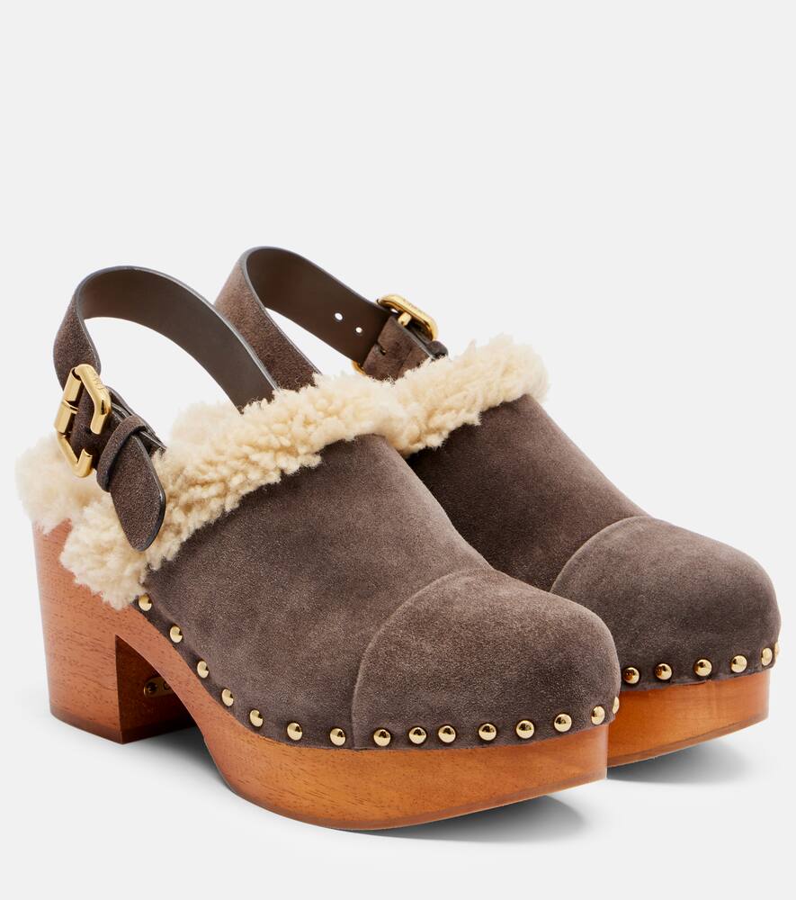 Жаннет замшевые клоги на платформе с отделкой из овчины Chloé, Burnt Brown