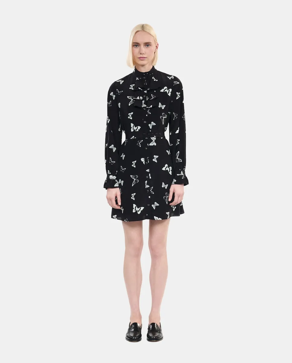 

Короткое шелковое платье с принтом бабочек The Kooples, черный