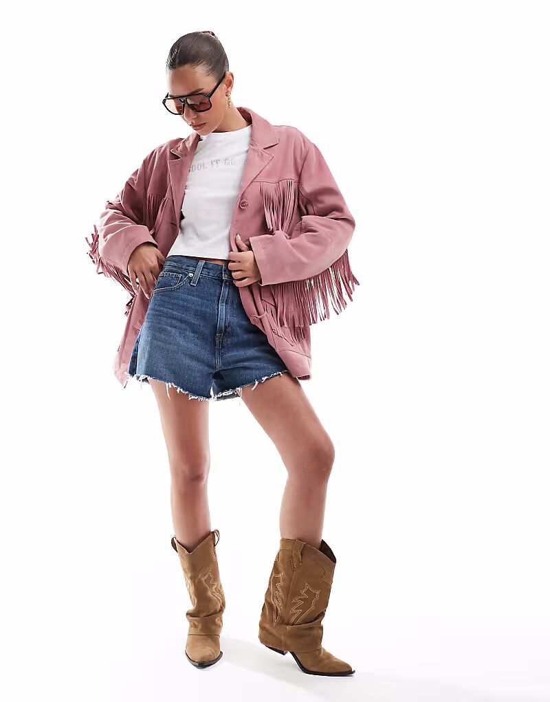 

Куртка из замши премиум-класса с кисточками ASOS DESIGN пастельно-розового цвета