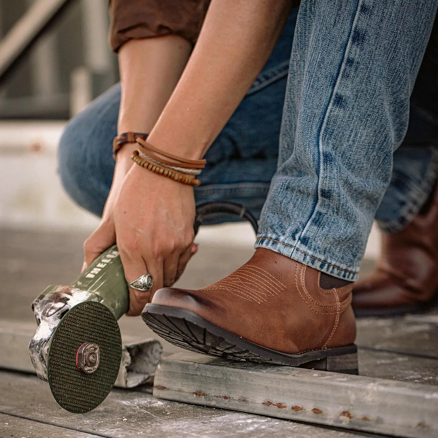 Мужские ковбойские сапоги J's.o.l.e Chelsea с квадратным носком, стиль вестерн, классические повседневные рабочие ботинки до щиколотки, коричневый — фото 2
