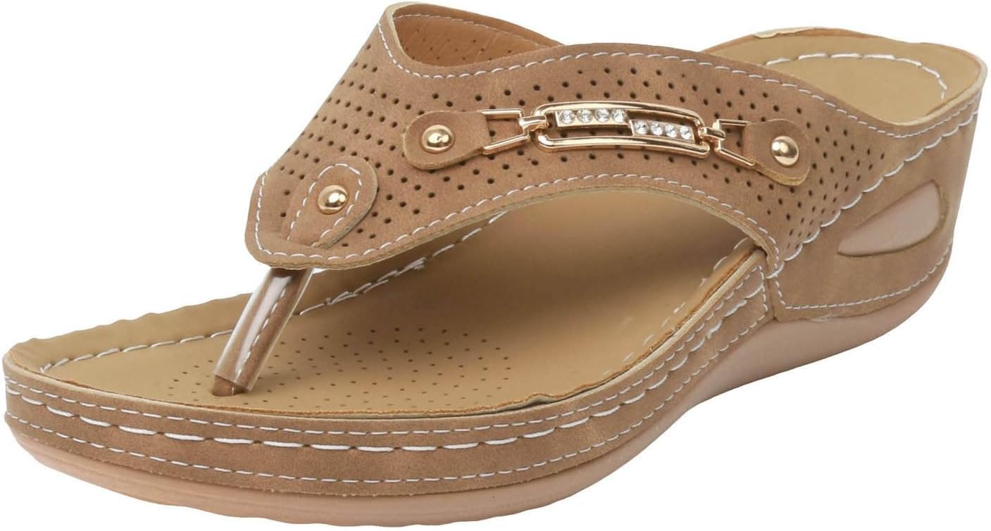 

Ортопедические женские сандалии модные на танкетке, слипоны, шлепанцы с эластичным ремешком на щиколотке, плоские сандалии, повседневные летние удобные с поддержкой свода стопы для плантарного фасцита Kajxz, коричневый