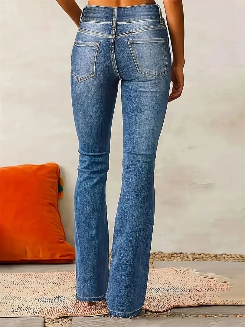 Generic Женские синие расклешенные джинсы Stretchy High Waist Vintage Denim Pants — фото 4