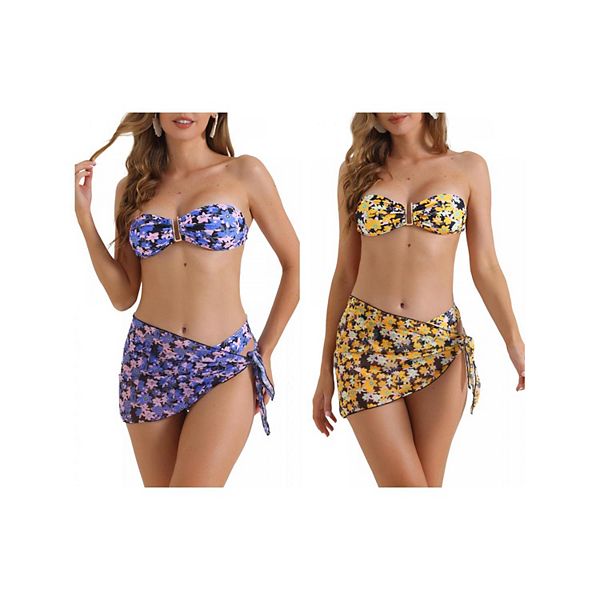 

2 комплекта женского бикини с цветочным принтом, бандо и треугольные трусики Inspire Chic, Purple Yellow