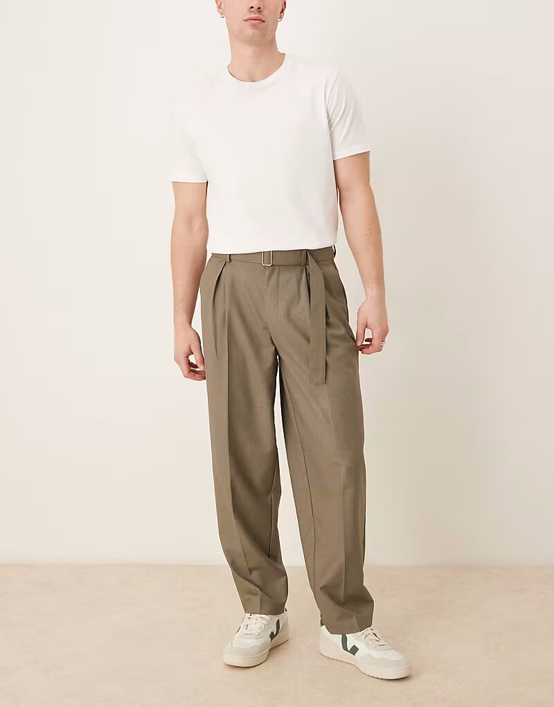 

ASOS DESIGN элегантные свободные зауженные брюки с поясом и складкой спереди цвета хаки