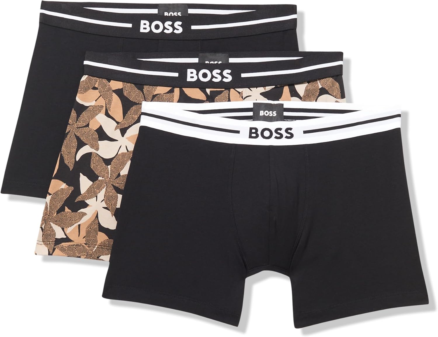 

Мужские боксеры 3 шт, хлопок с лайкрой, логотип BOSS, Khaki Flowers/Black/Black