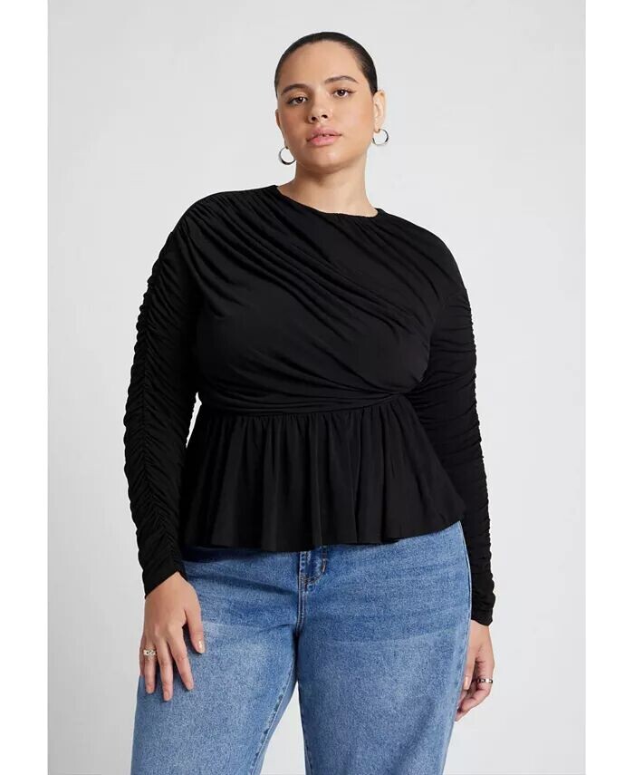 

Топ больших размеров с баской и сборками ELOQUII, черный