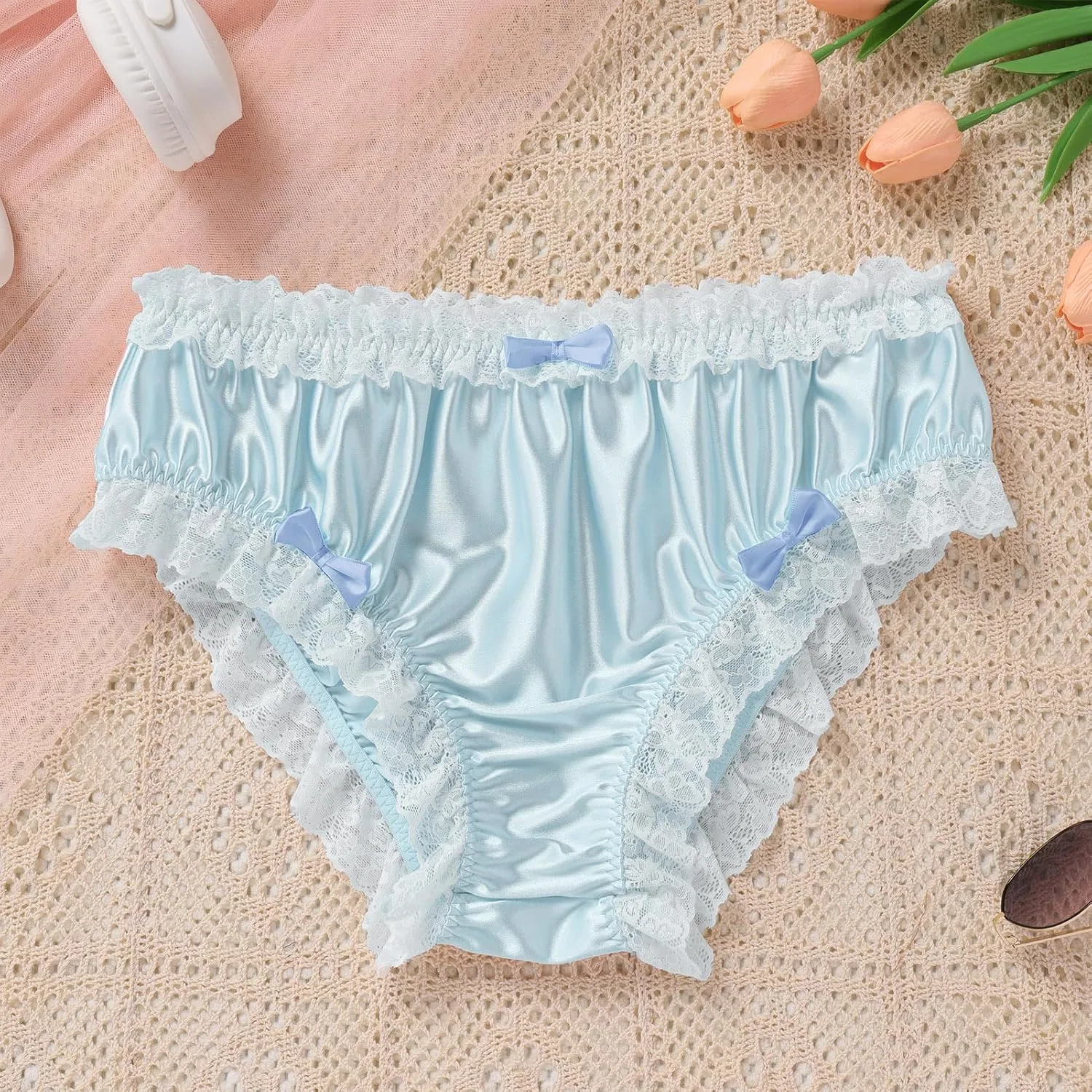 Брифы с кружевом и бантом, Satin Silk, Light Blue — фото 2