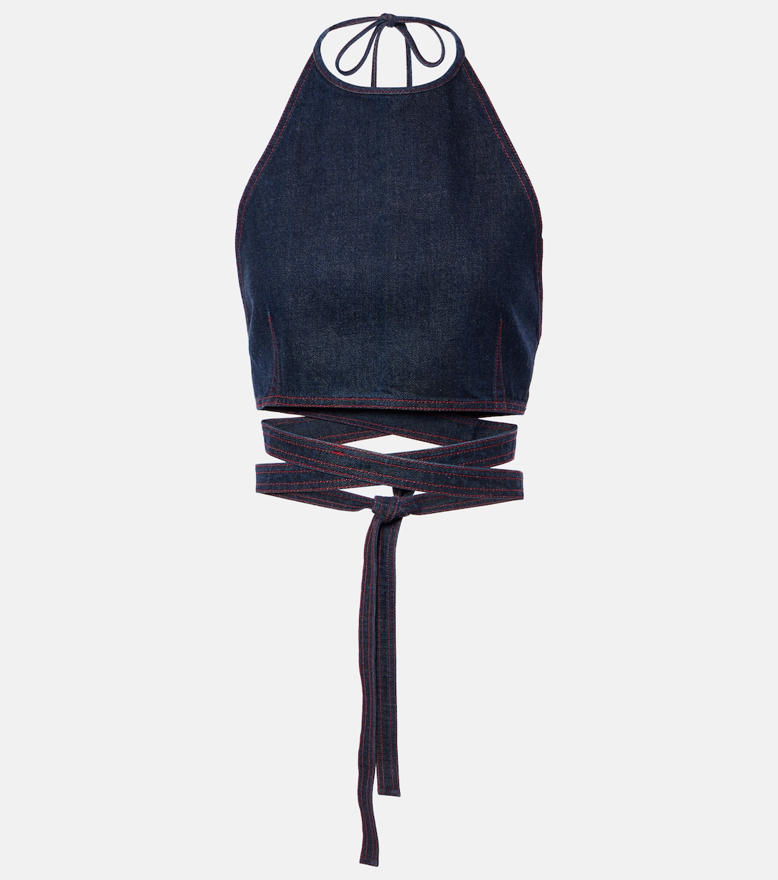 

Джинсовый топ-коротышка с бретелькой на шее Alaïa, Bleu Denim