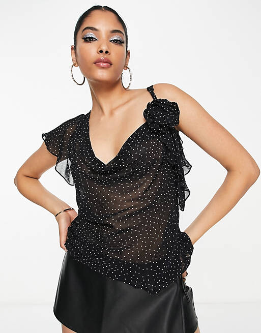 

Прозрачный топ с короткими рукавами и отделкой в однотонный узор ASOS DESIGN