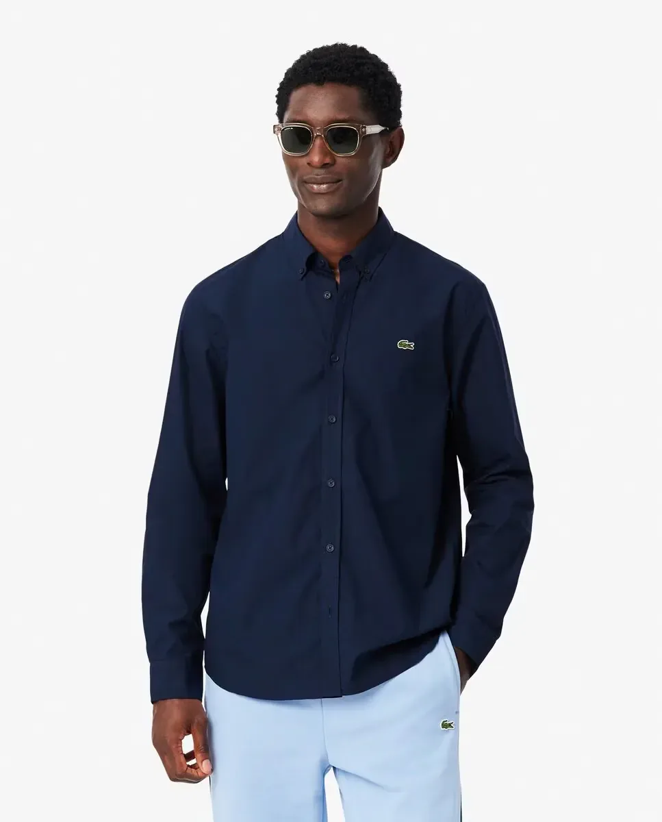 Мужская рубашка прямого кроя из эластичного поплина с длинным рукавом Lacoste, темно-синий