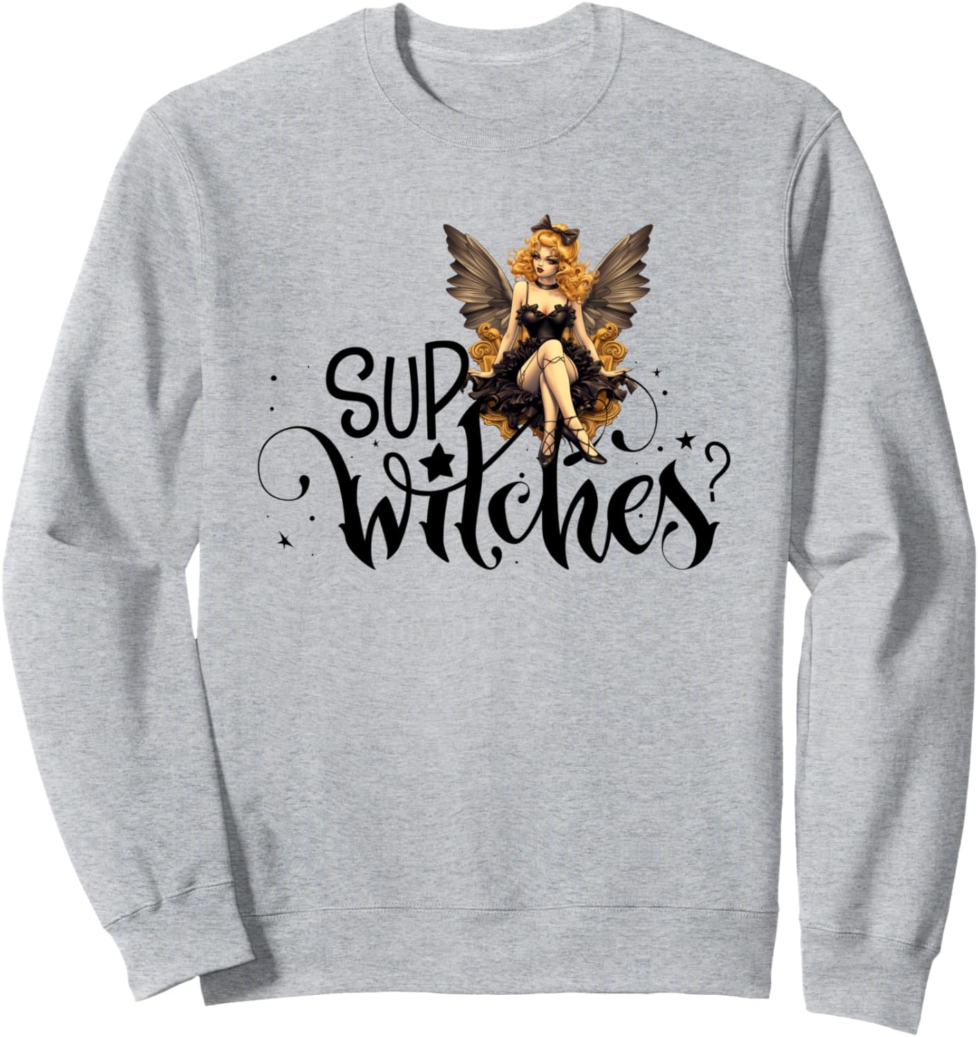 

Привет, ведьмы! Сексуальная пин-ап ведьма в стиле ретро ангел на Хэллоуин! Жуткая толстовка! Sup Witches Fun Halloween Retro Witchy Vibe, серый