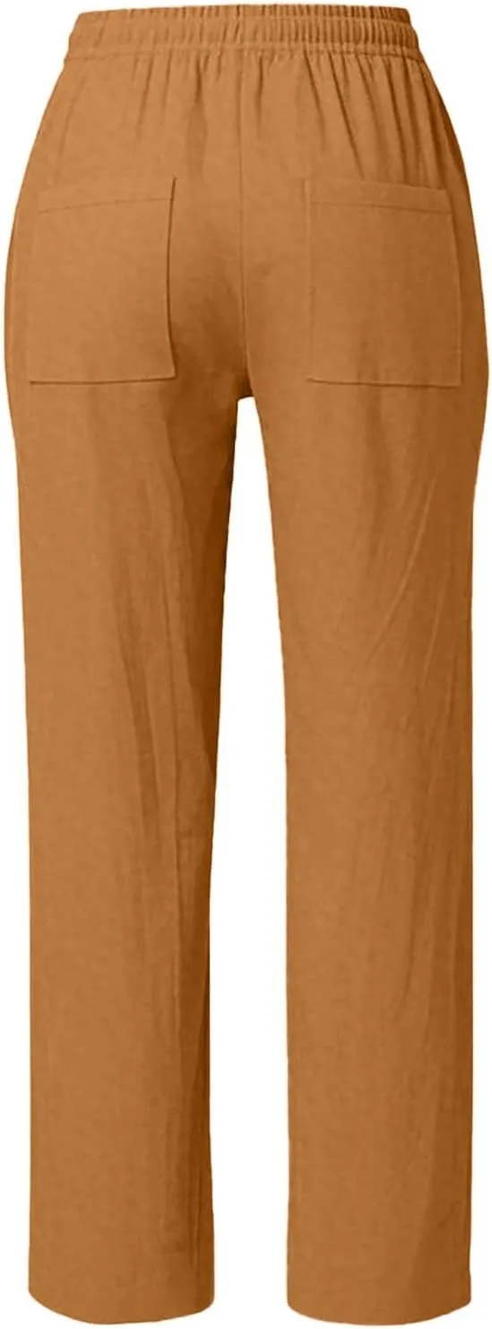 Женские брюки Wide Leg из льна для лета и пляжа, свободного кроя, с высокой посадкой, легкие, хлопок-лен, с карманами Generic, оранжевый — фото 3