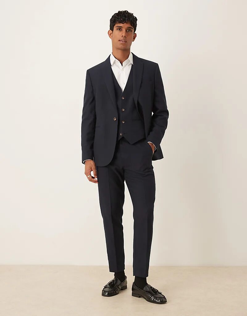 

Зауженные брюки ASOS DESIGN из темно-синей шерсти с узором «в ёлочку»