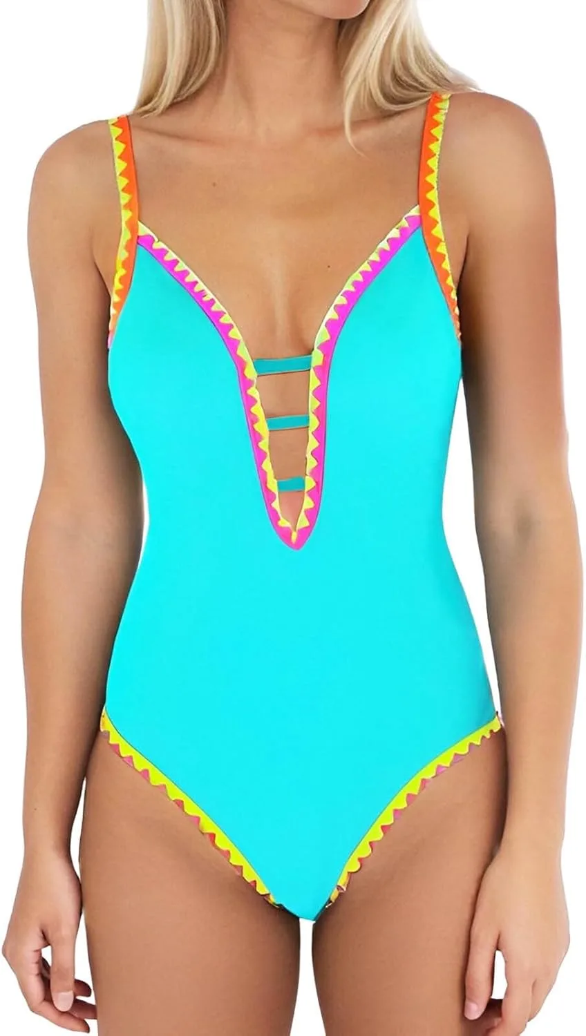Купальник для женщин Neon Color Block с эффектом контроля живота, V-образным вырезом, сексуальный, с отделкой ракушкой и рецербеком Generic, синий